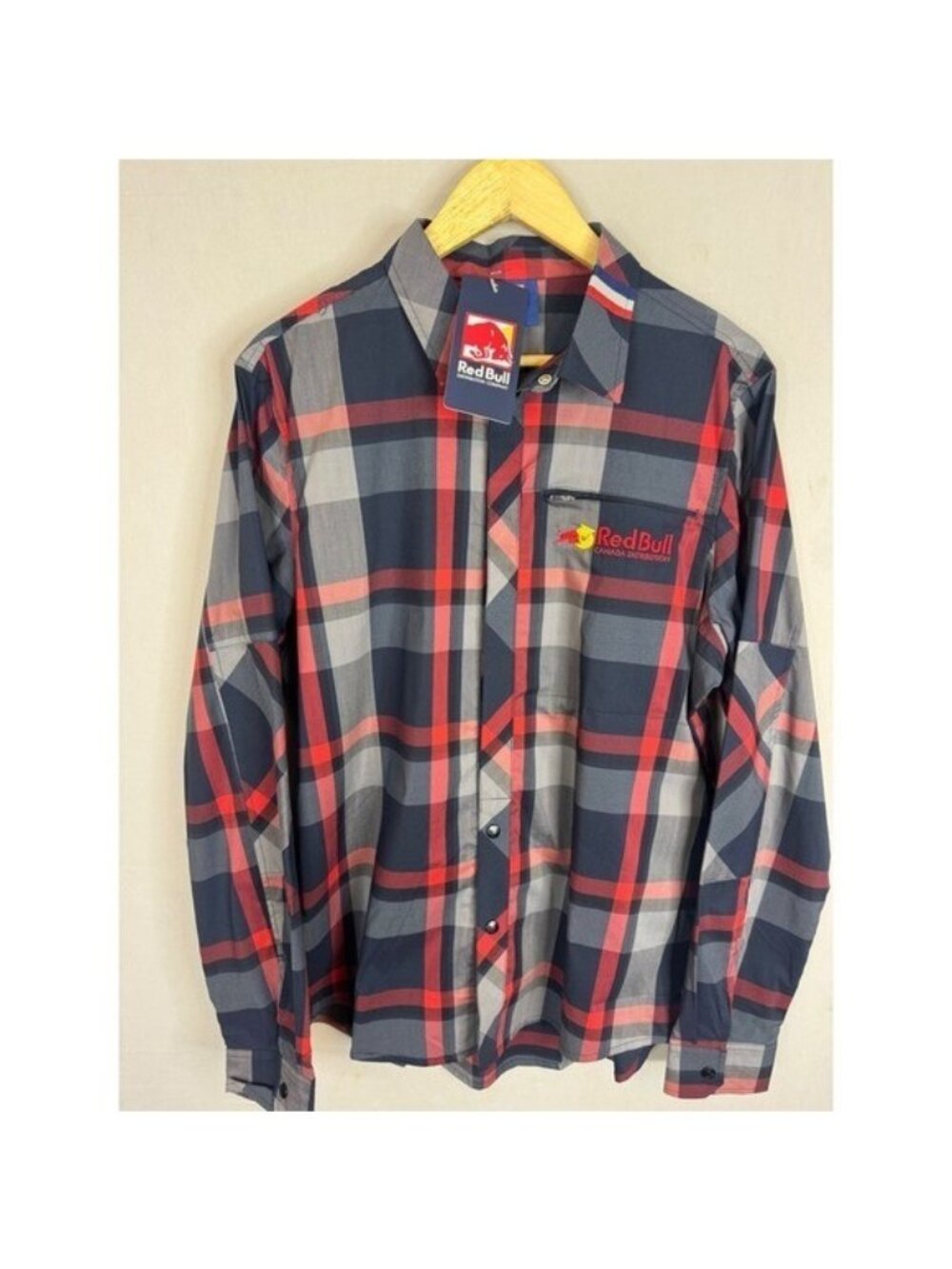 Red Bull Canada Distribution Mens Plaid Long Sleeve Shirt Navy Red M NWT